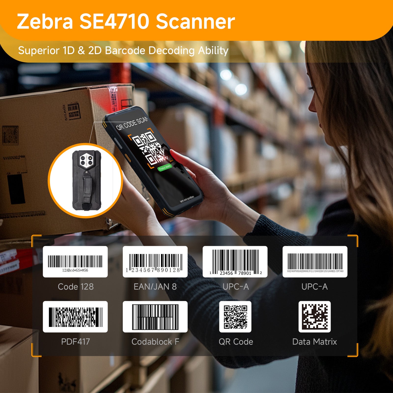 H68T Android 14 Barcode Scanner H68T, Handheld PDA w/Zebra SE4710 Scan Engine, 8GB+128GB, IP68 Rugged Data Terminal, 6.56" Full Screen Mobile Computer