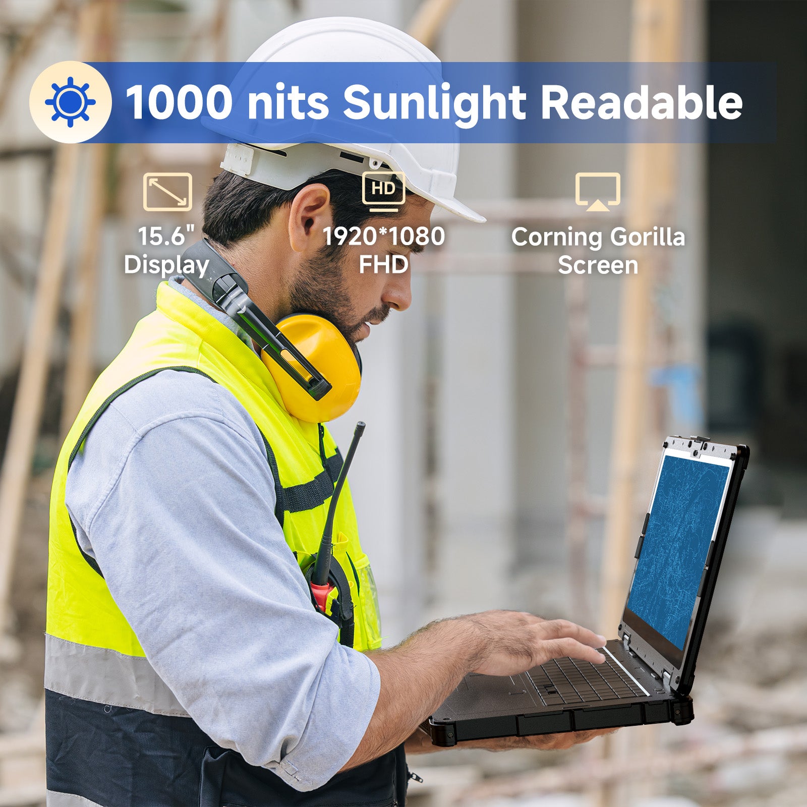 15.6" FHD 1920×1080 Display, 1000 nits – Sunlight-readable screen for outdoor visibility