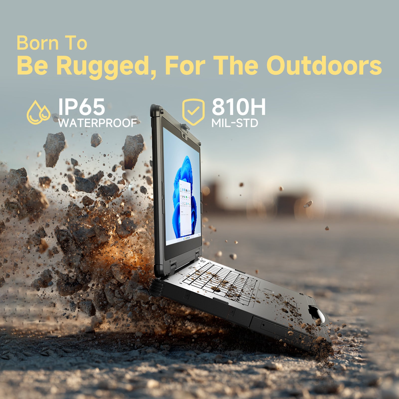 MIL-STD-810H certified, IP65 waterproof, -20°C to 60°C operating temp, 1.2m drop resistance