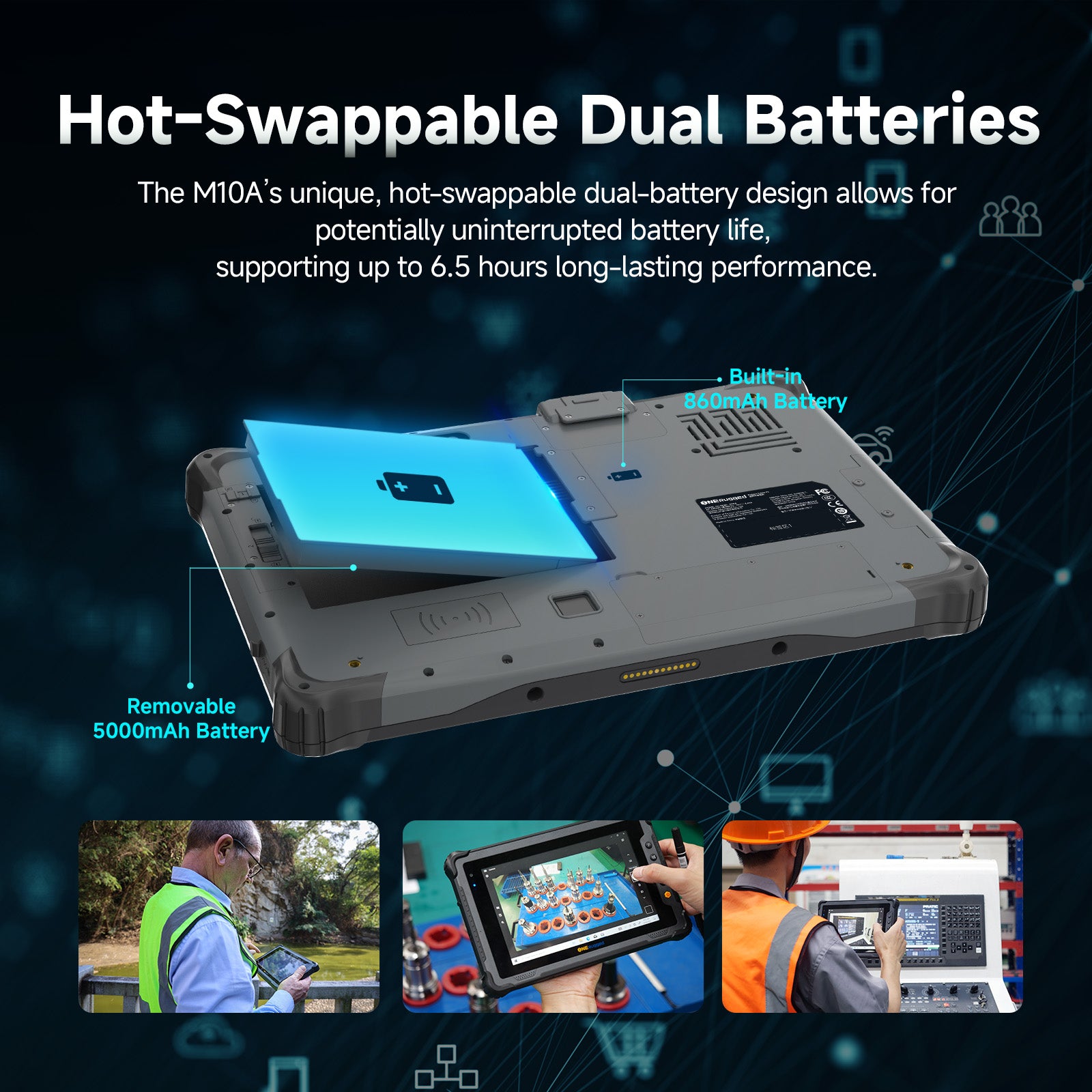 Features a 5000mAh + 860mAh double battery with a removable and hot-swappable design