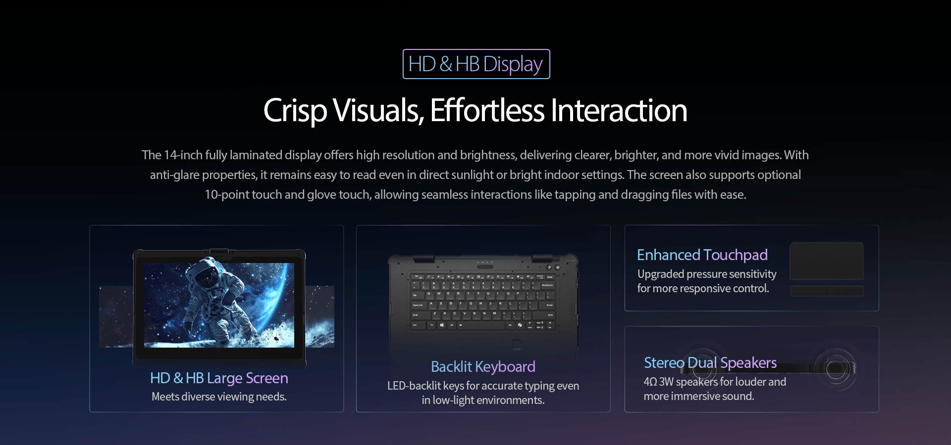 ONERugged N14M rugged laptop featuring a 14 inch high brightness display glove touch support and backlit keyboard