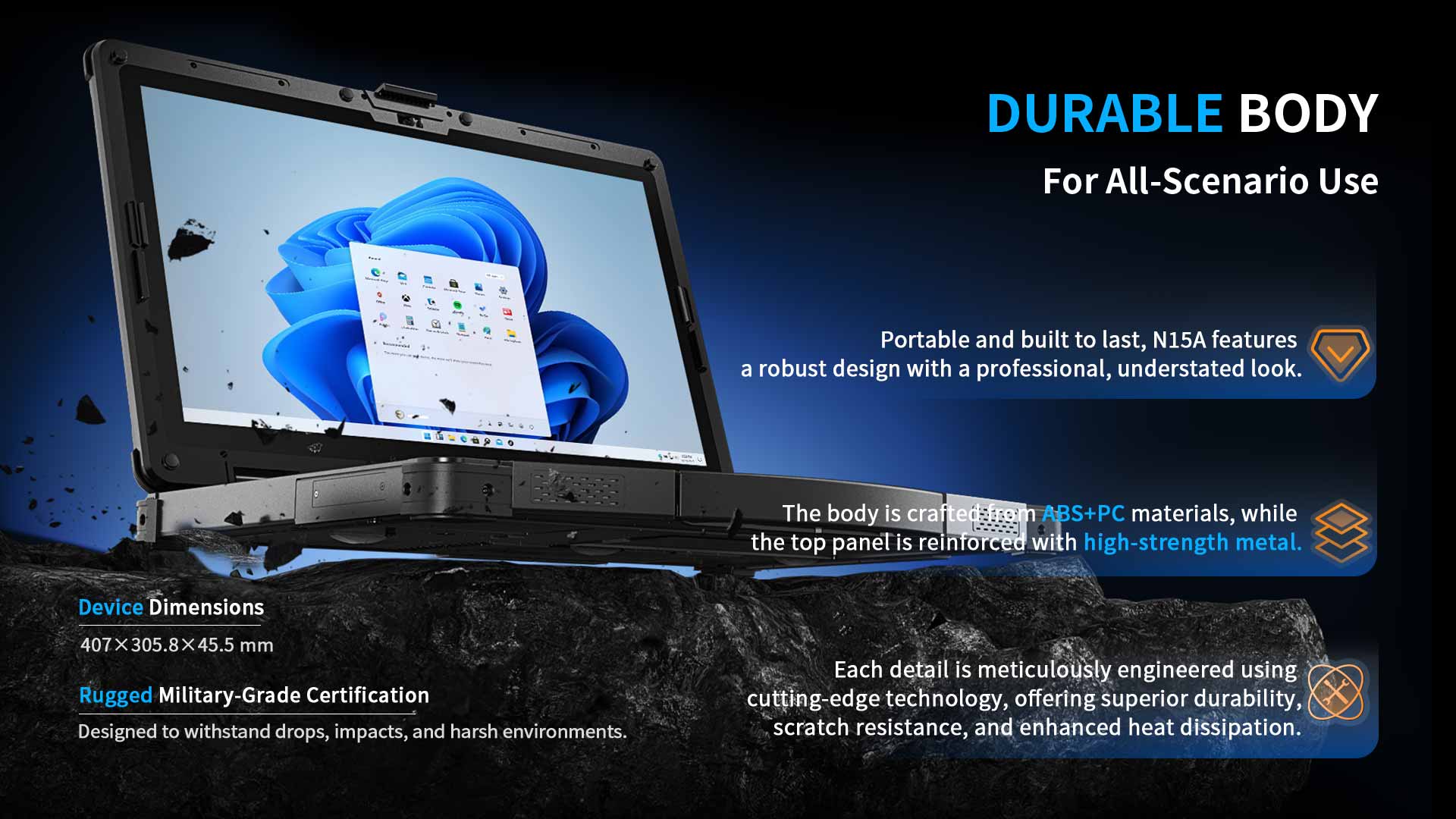 ONERugged N15A IP65 rugged notebook with reinforced chassis for harsh environments