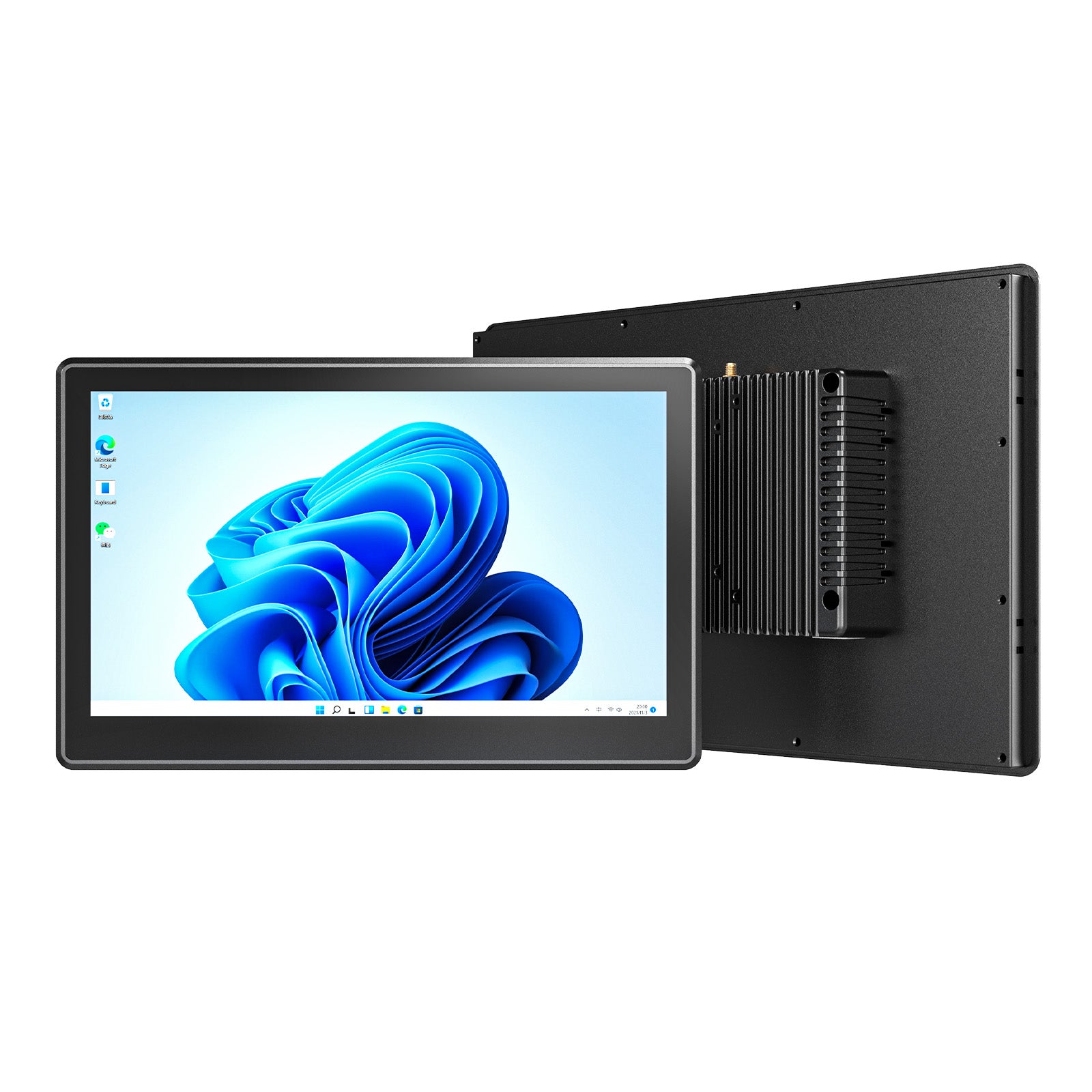 ONERugged P10A 10.1-inch industrial panel PC with Windows 11, front and rear view, featuring a fanless aluminum enclosure for industrial automation applications.