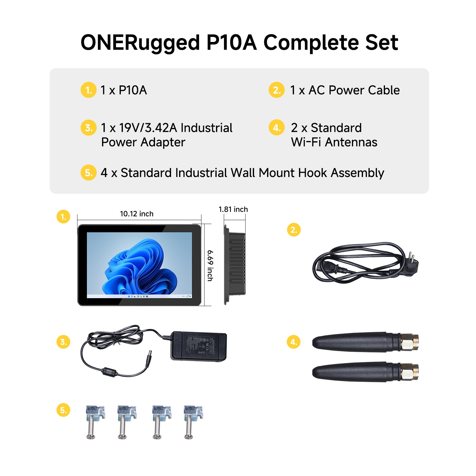 Complete package contents of the ONERugged P10A industrial panel PC including power adapter, AC cable, Wi-Fi antennas and mounting accessories.