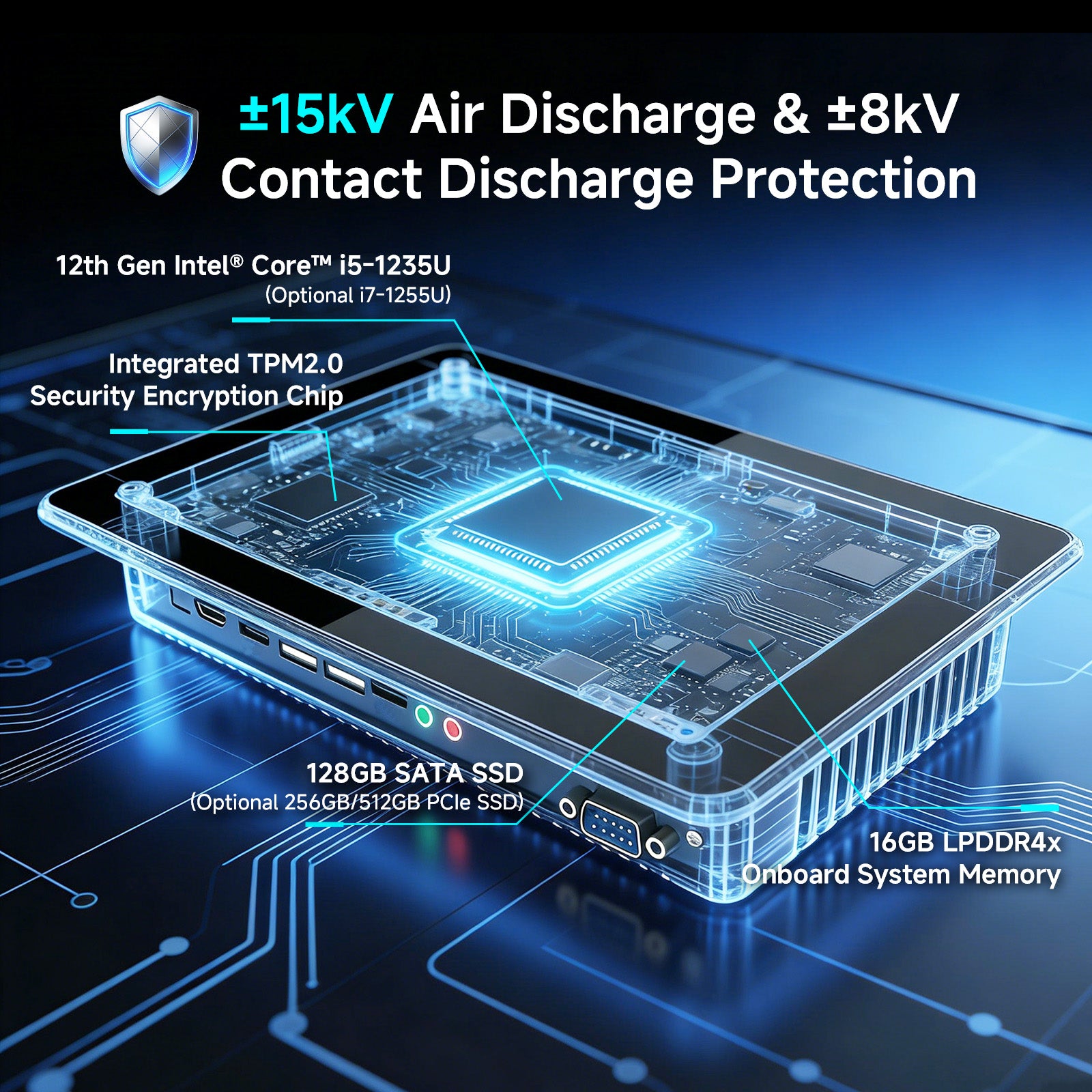 ONERugged P10A industrial panel computer powered by 12th Gen Intel Core i5 processor with TPM 2.0 security chip, 16GB memory and SSD storage.