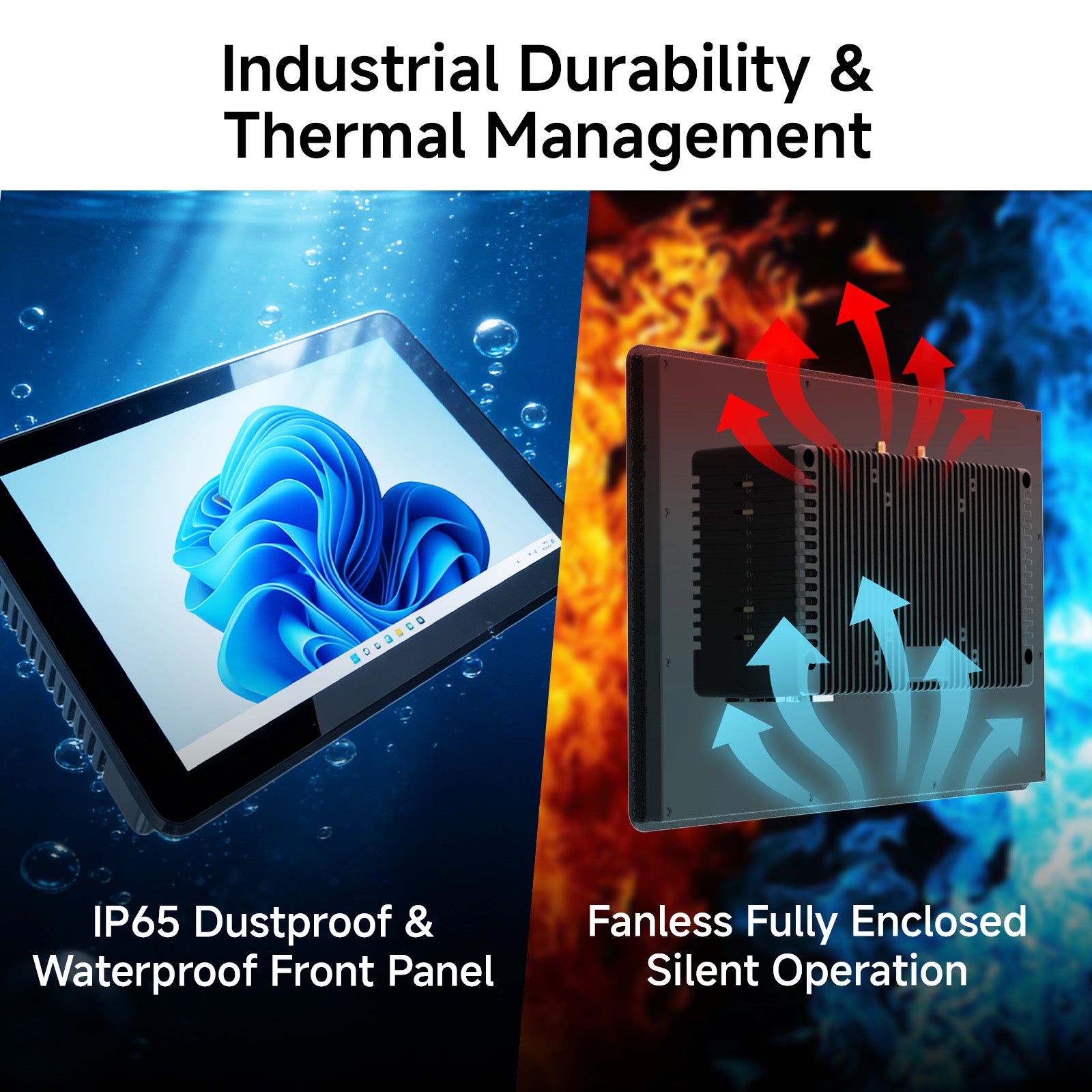 ONERugged P10A industrial panel computer with IP65 waterproof front panel and fanless fully enclosed design for reliable operation in harsh industrial environments