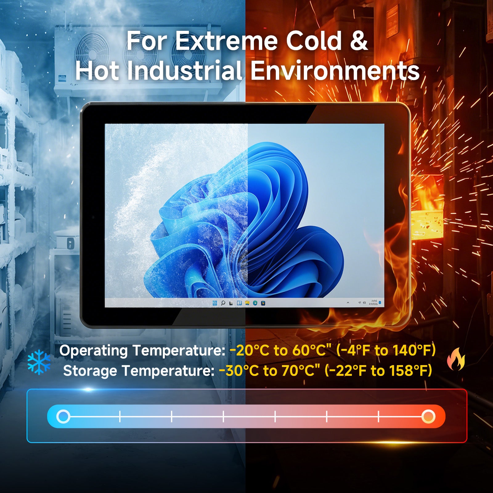 ONERugged P10A industrial panel computer designed for extreme hot and cold environments with an operating temperature range from -20°C to 60°C.