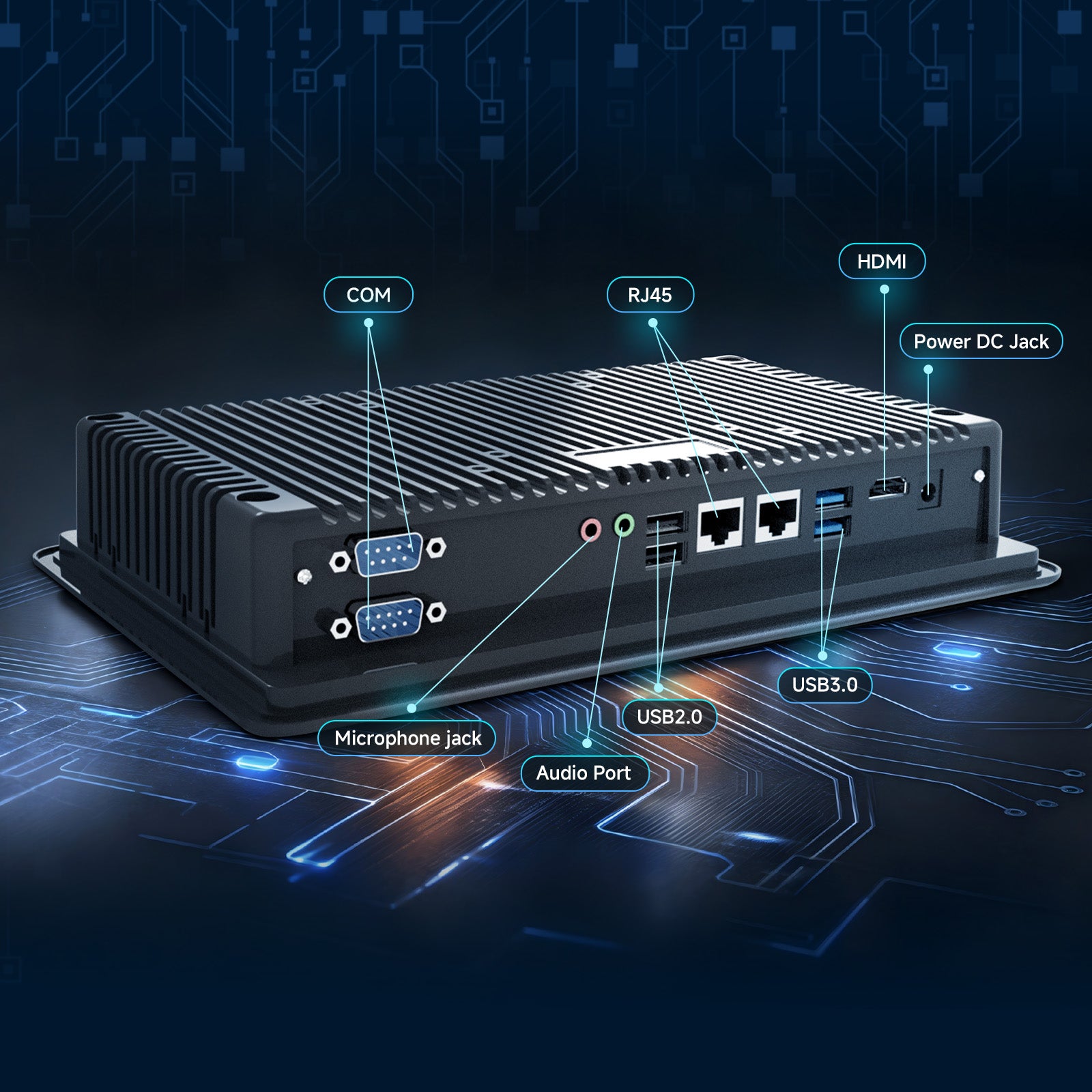 P15J industrial panel PC ports including RS232 RJ45 USB HDMI and audio interfaces
