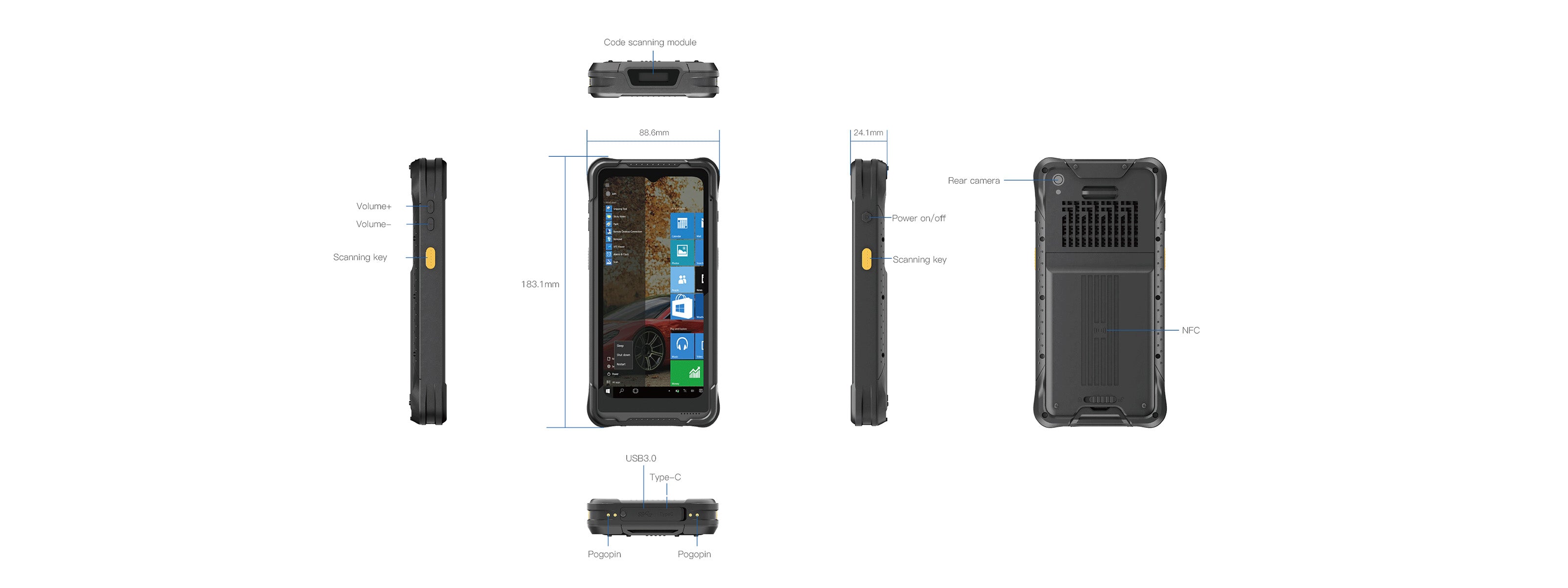 six views of i61j rugged pda