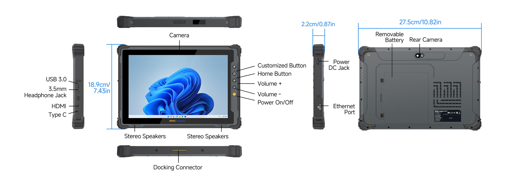 ONERugged M10J rugged tablet six-view dimensions showing front, rear, left, right, top and bottom measurements