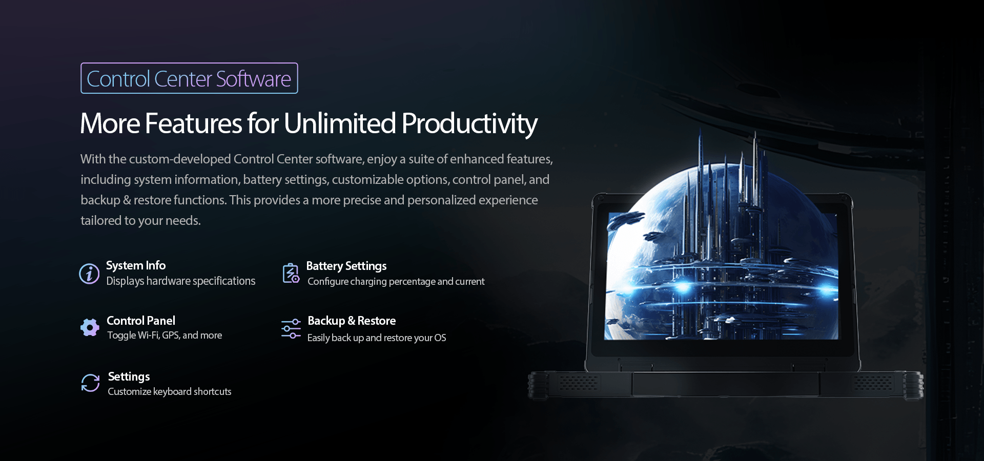 ONERugged N14M rugged laptop with custom control center software for battery management and system monitoring