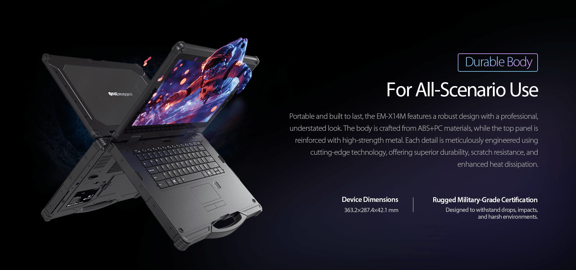 ONERugged N14M fully rugged laptop with MIL-STD-810H certification IP65 protection and durable industrial design