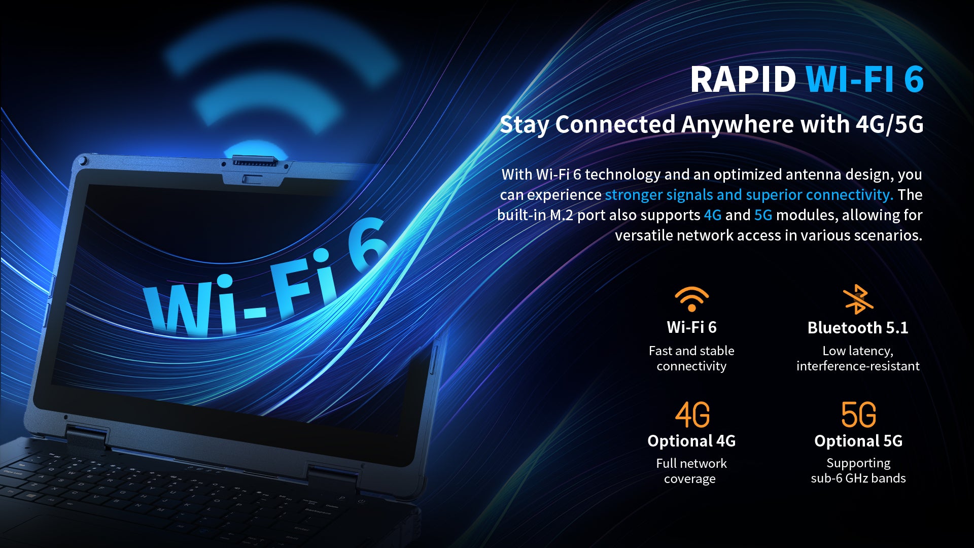 ONERugged N15A rugged notebook with WiFi 6 Bluetooth 5.1 optional 4G LTE and 5G support