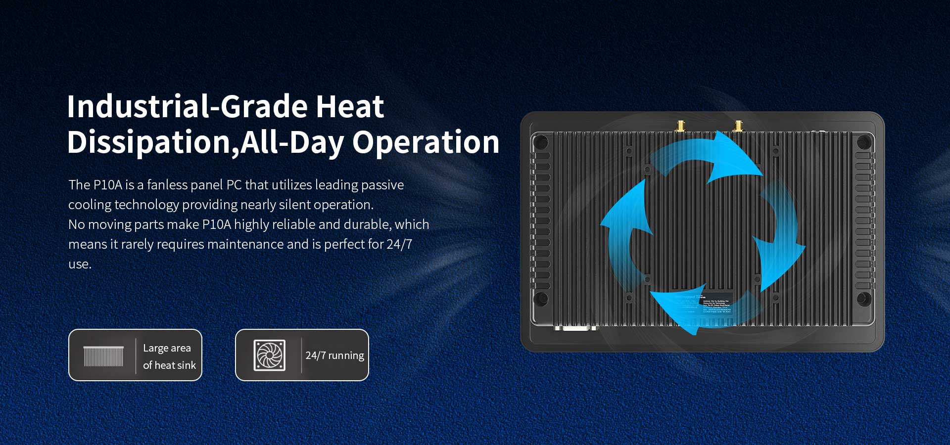 ONERugged P10A fanless industrial panel computer with passive heat dissipation and reliable 24/7 operation for factory automation environments.