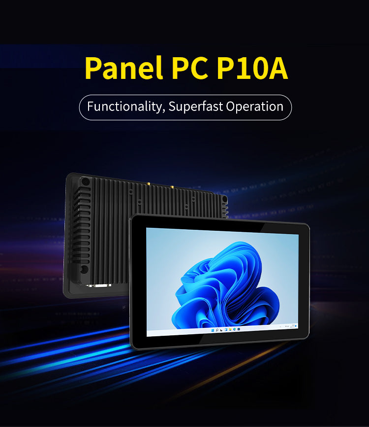 ONERugged P10A 10.1-inch industrial panel computer with fanless design and Intel processor for industrial automation and HMI applications.