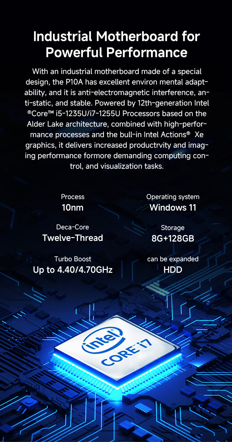 ONERugged P10A industrial panel computer powered by 12th Gen Intel Core processors with Windows 11, expandable storage and high-performance graphics.