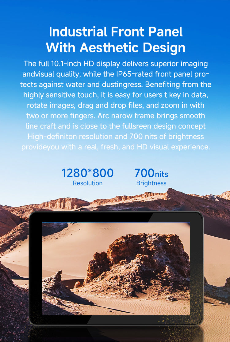 ONERugged P10A industrial panel PC featuring a 10.1-inch HD display, 1280×800 resolution, 700 nits brightness and an IP65-rated front panel.