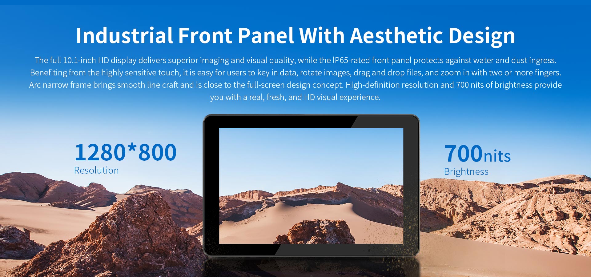 ONERugged P10A industrial panel PC featuring a 10.1-inch HD display, 1280×800 resolution, 700 nits brightness and an IP65-rated front panel.