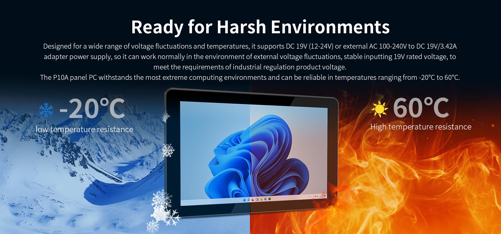 ONERugged P10A industrial panel PC designed for harsh environments with an operating temperature range from -20°C to 60°C.