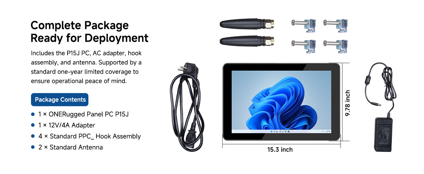 P15J industrial panel PC package contents including adapter antennas and mounting accessories