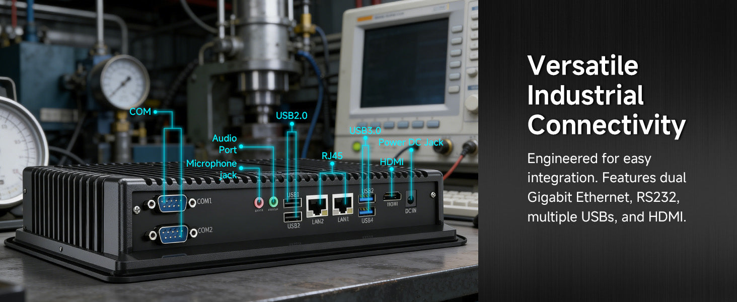 P15J industrial panel PC ports including RS232 RJ45 HDMI USB and audio interfaces