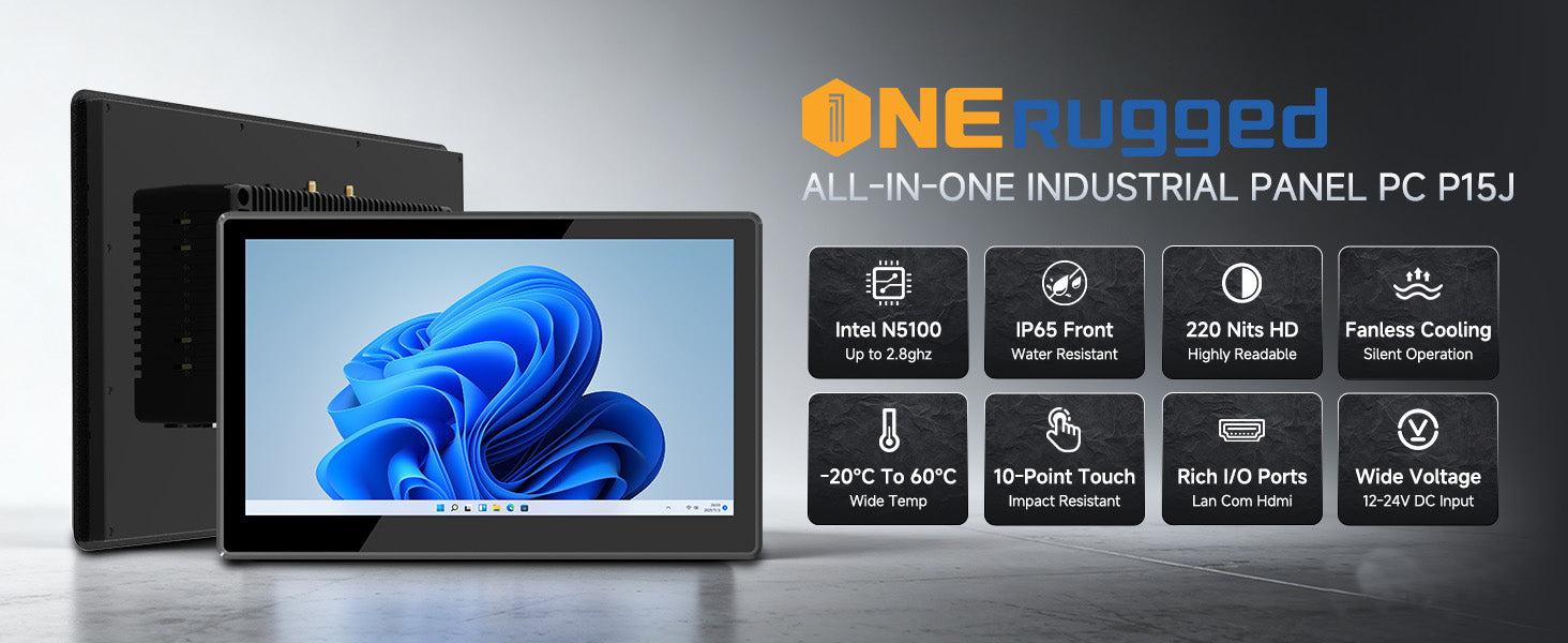 P15J all in one industrial panel PC with Intel N5100 IP65 front panel and fanless cooling
