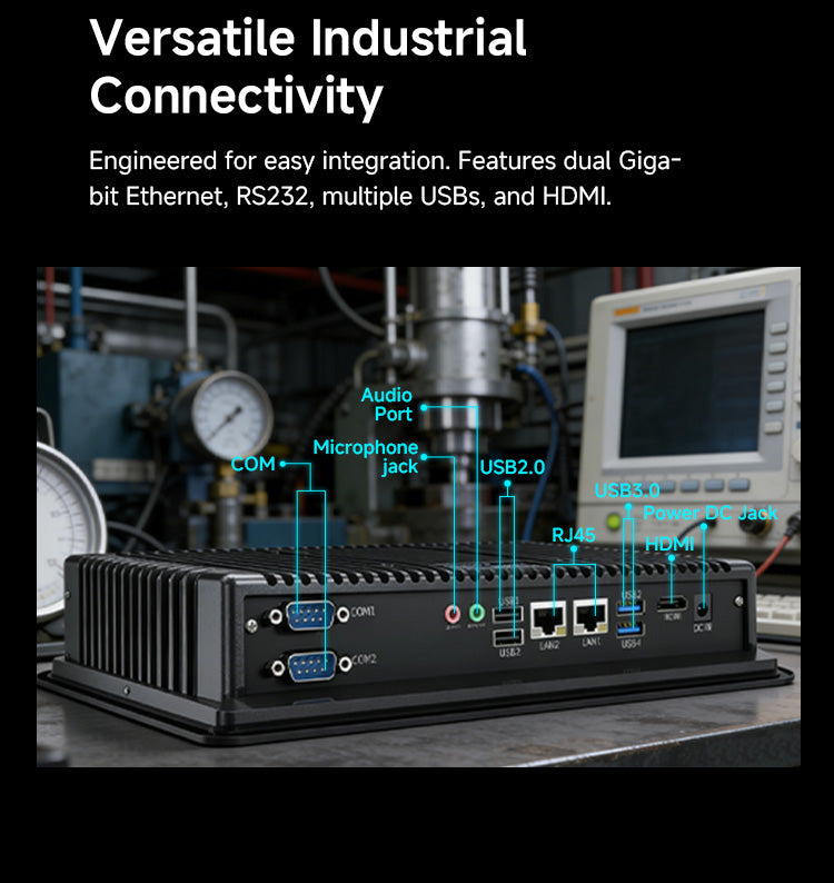 P15J industrial panel PC ports including USB RJ45 RS232 HDMI and audio