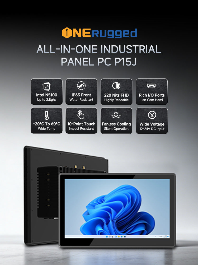 P15J mobile overview image showing industrial panel PC features and specifications