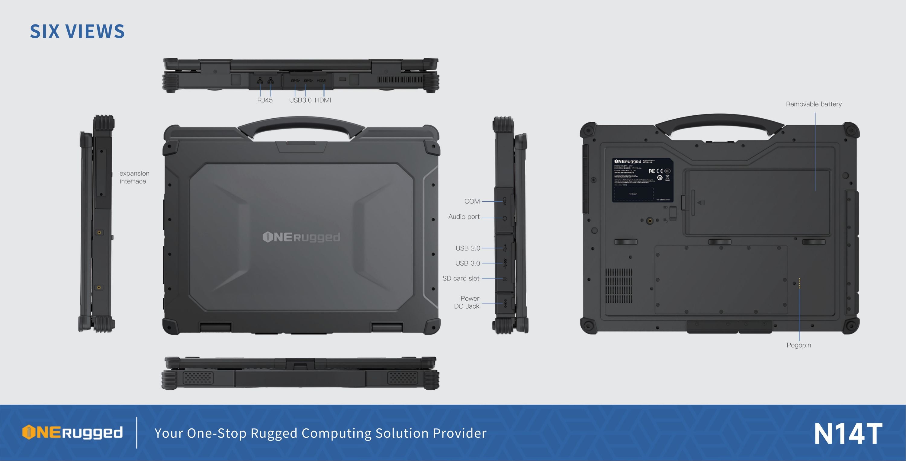 six views of N14T rugged tablet